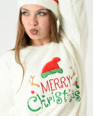Women 3-Pieces Christmas Fur Pajama Set – Red & White
