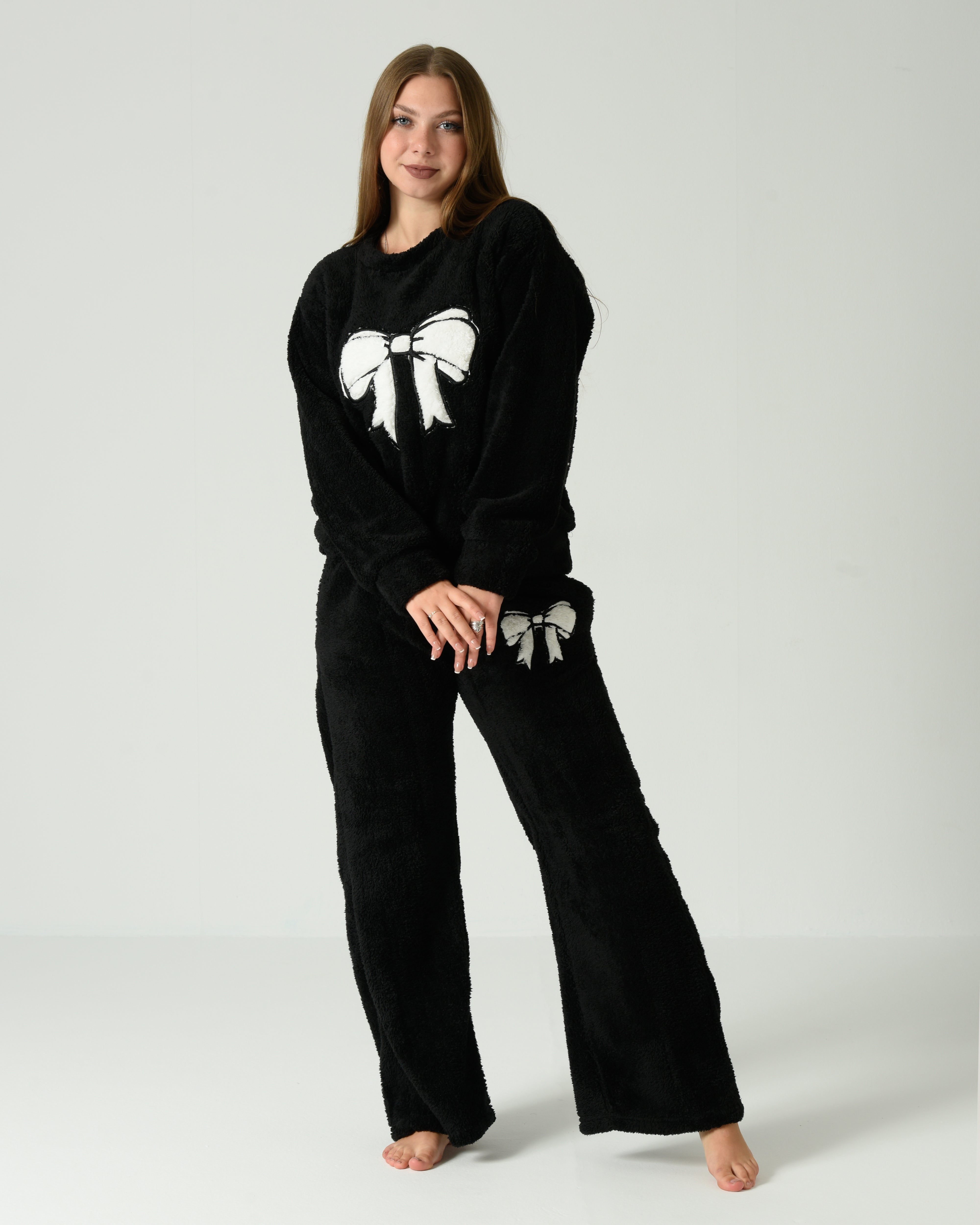 Women's Soft Fur Winter Pajama Set – Black with White Bow Design