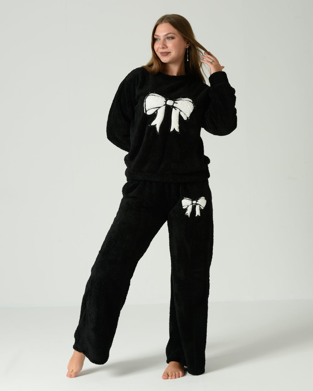 Women's Soft Fur Winter Pajama Set – Black with White Bow Design