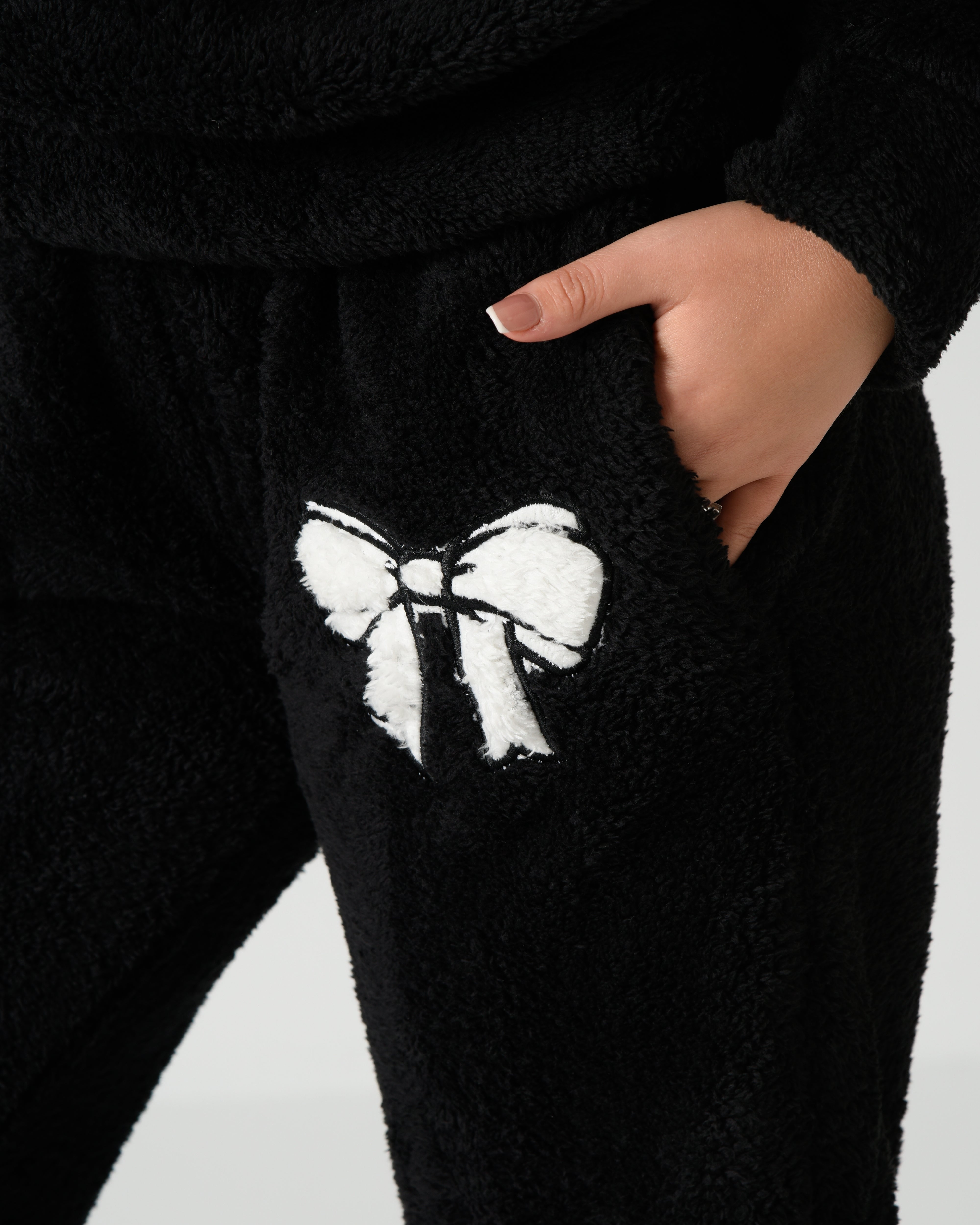 Women's Soft Fur Winter Pajama Set – Black with White Bow Design