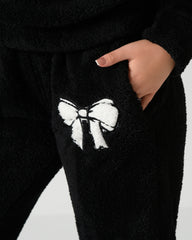 Women's Soft Fur Winter Pajama Set – Black with White Bow Design