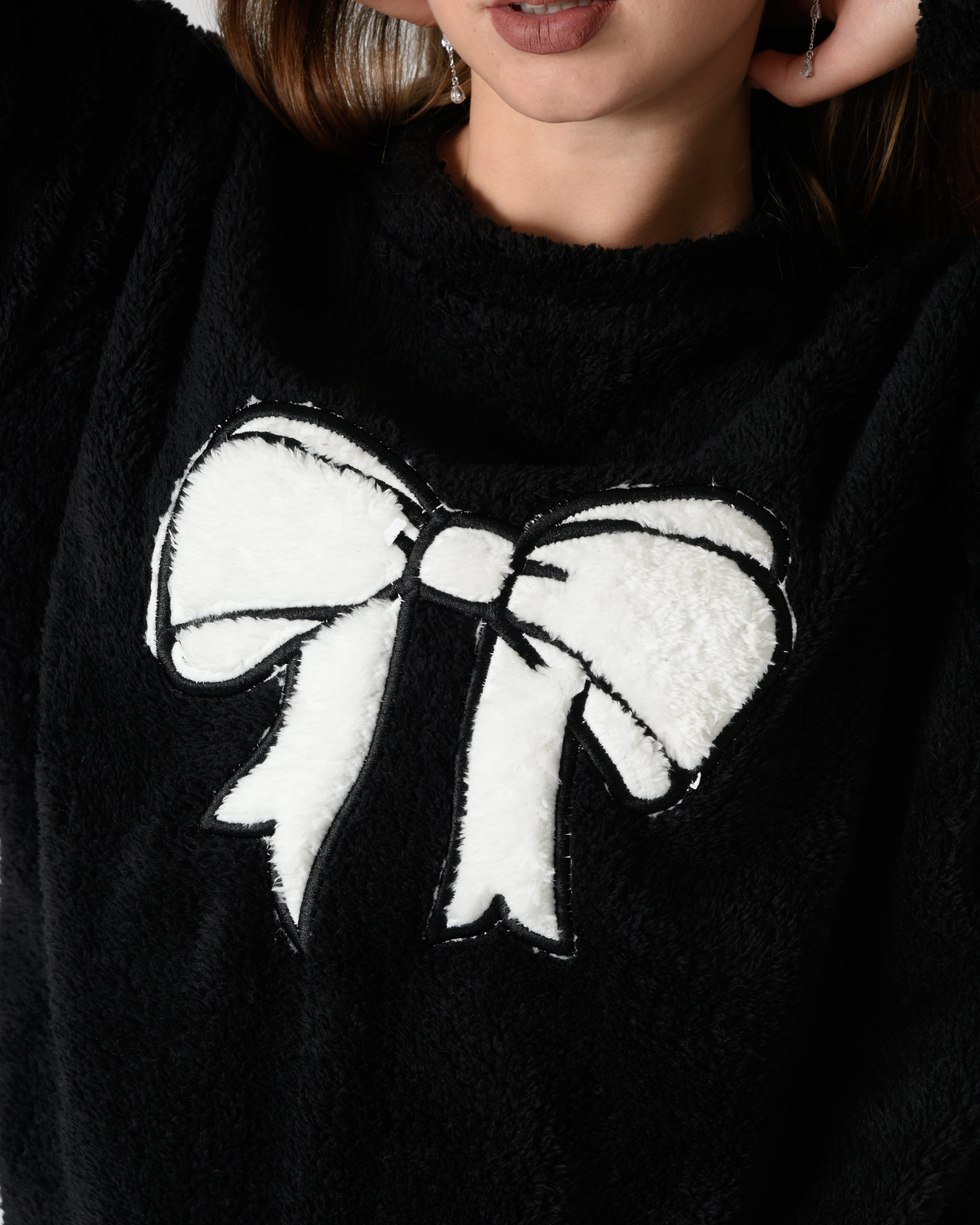 Women's Soft Fur Winter Pajama Set – Black with White Bow Design