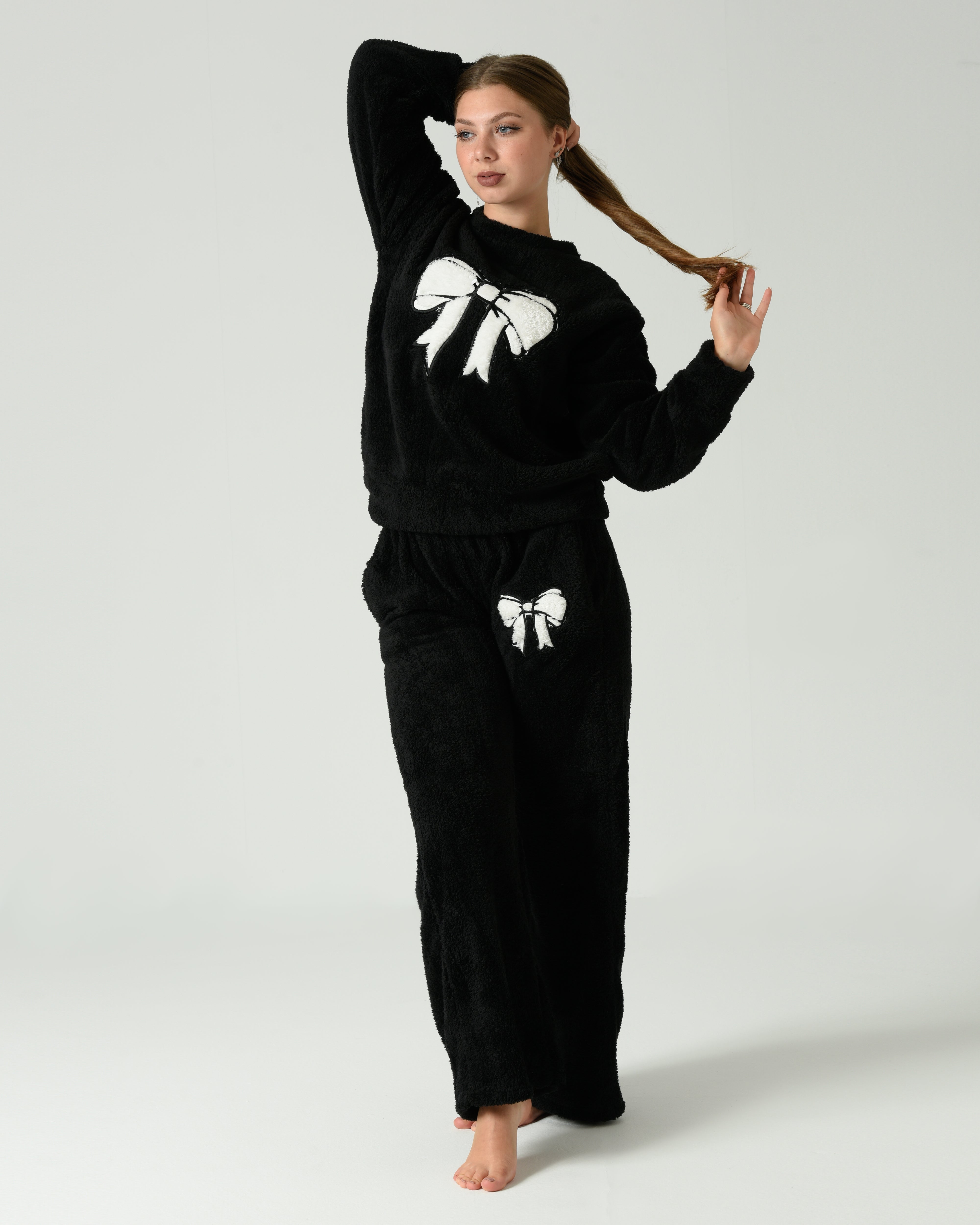 Women's Soft Fur Winter Pajama Set – Black with White Bow Design