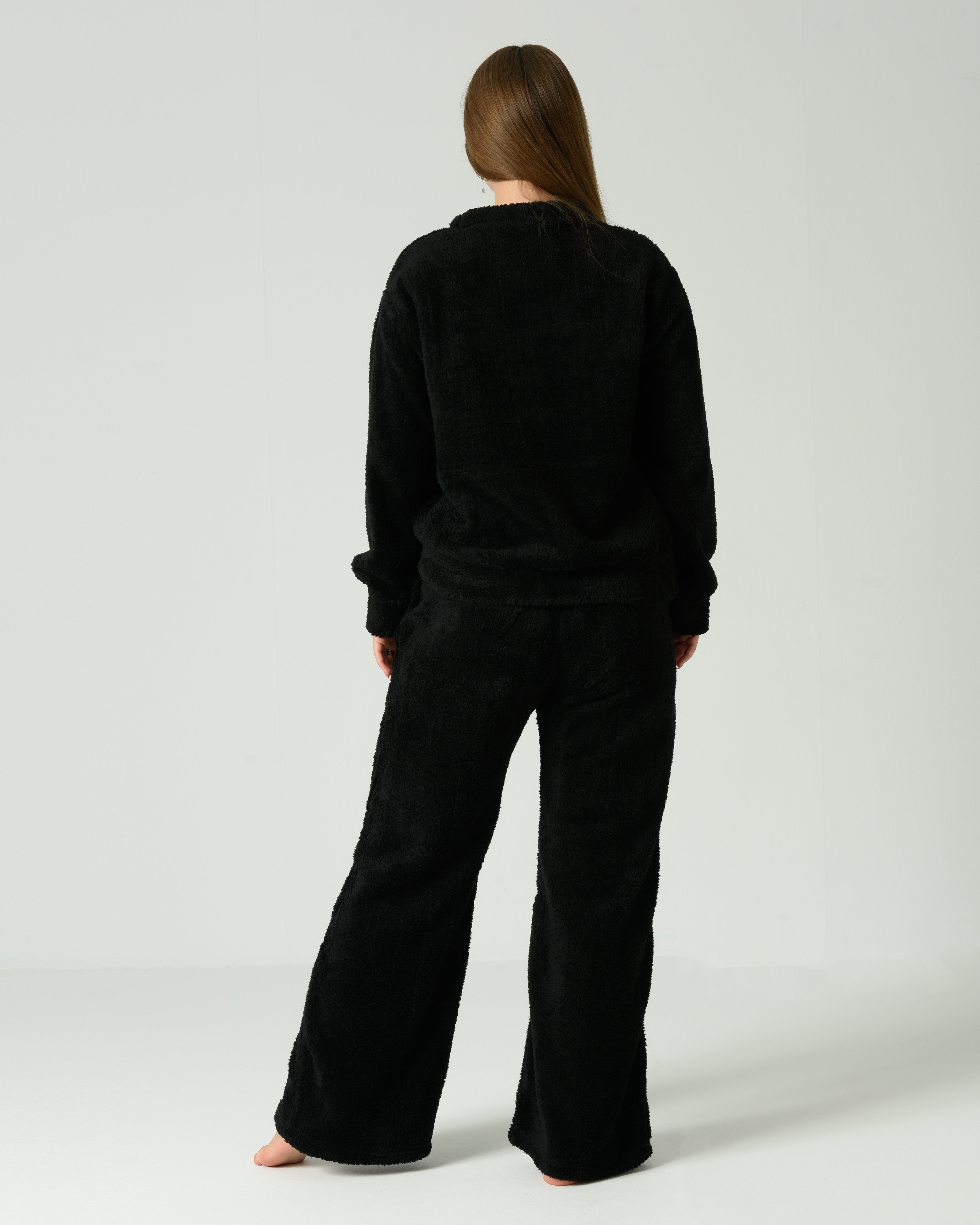 Women's Soft Fur Winter Pajama Set – Black with White Bow Design