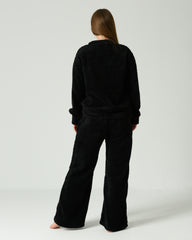 Women's Soft Fur Winter Pajama Set – Black with White Bow Design