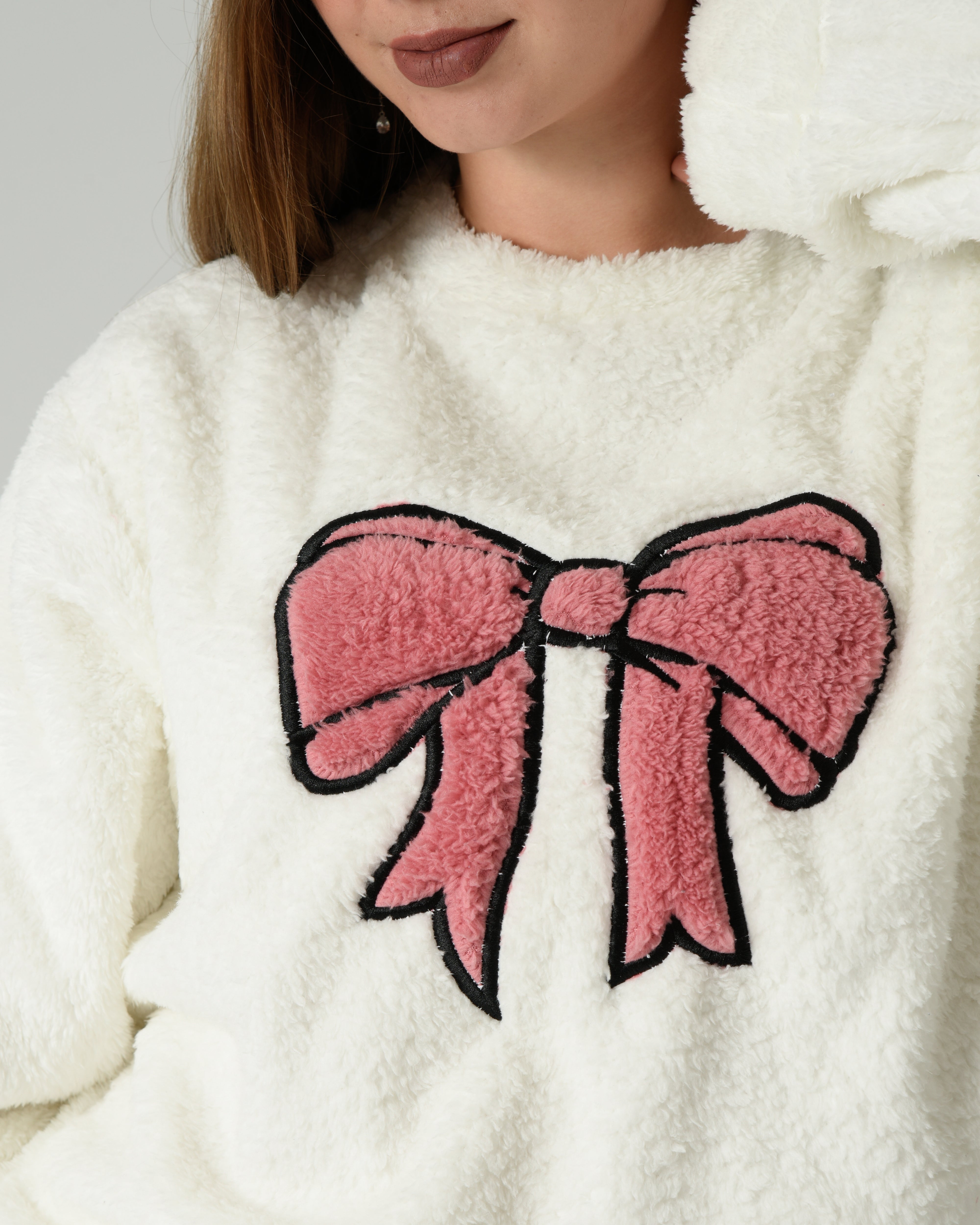 Women's Soft Fur Winter Pajama Set – White with Pink Bow Design