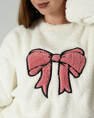 Women's Soft Fur Winter Pajama Set – White with Pink Bow Design