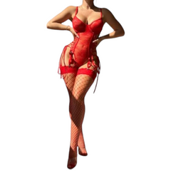 RED lingerie set with fishnet stockings. - PYJAMODA