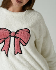 Women's Soft Fur Winter Pajama Set – White with Pink Bow Design