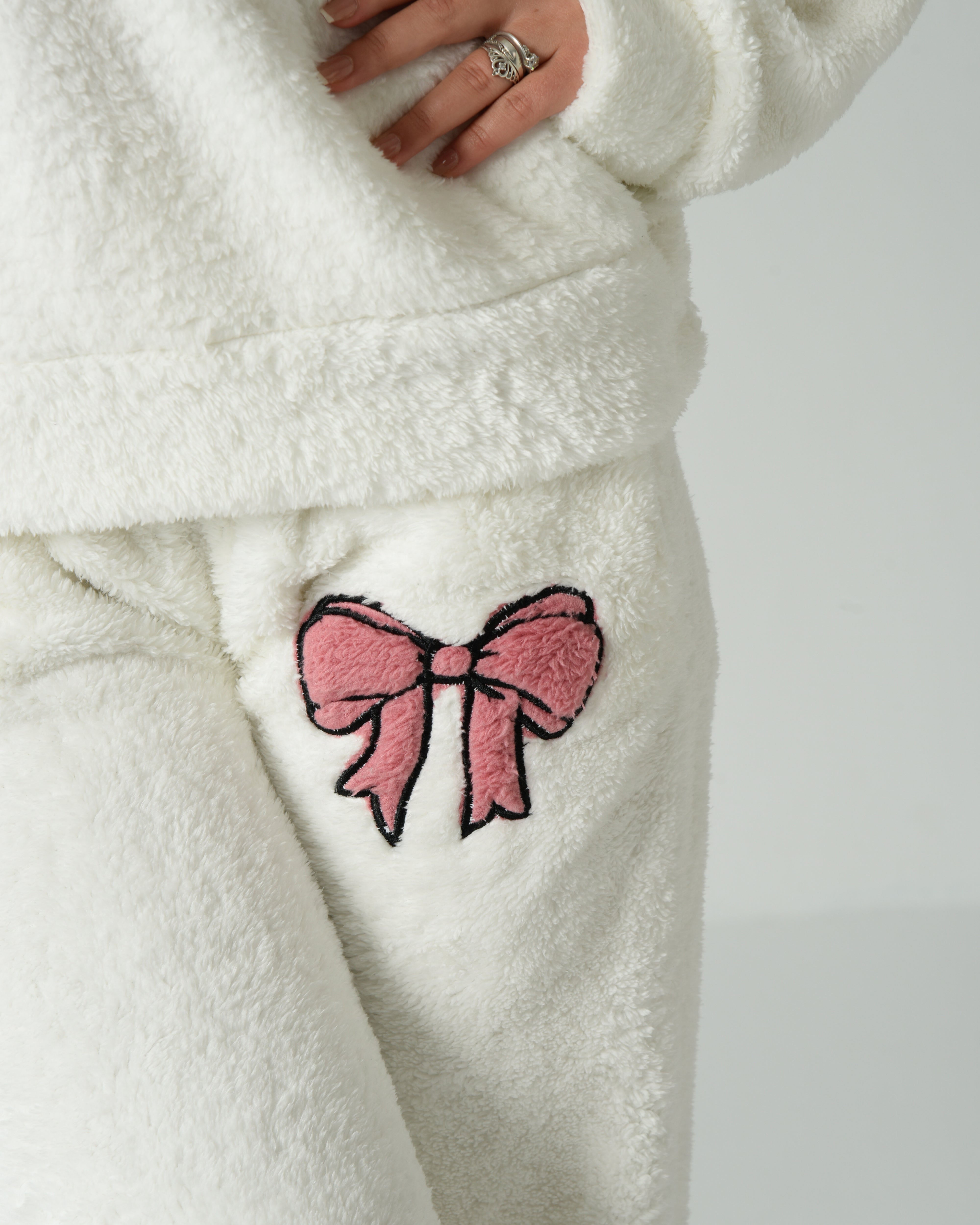 Women's Soft Fur Winter Pajama Set – White with Pink Bow Design