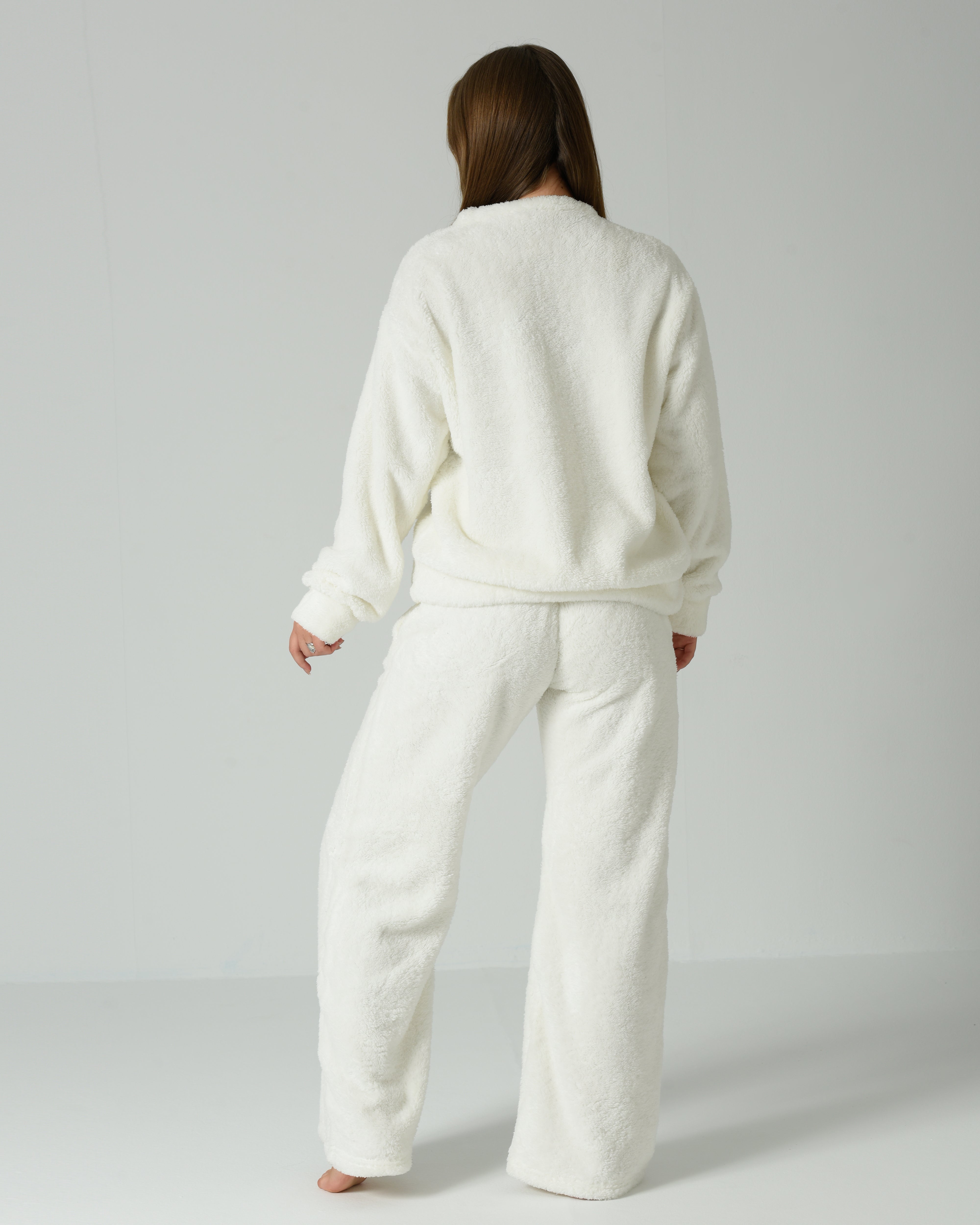 Women's Soft Fur Winter Pajama Set – White with Pink Bow Design