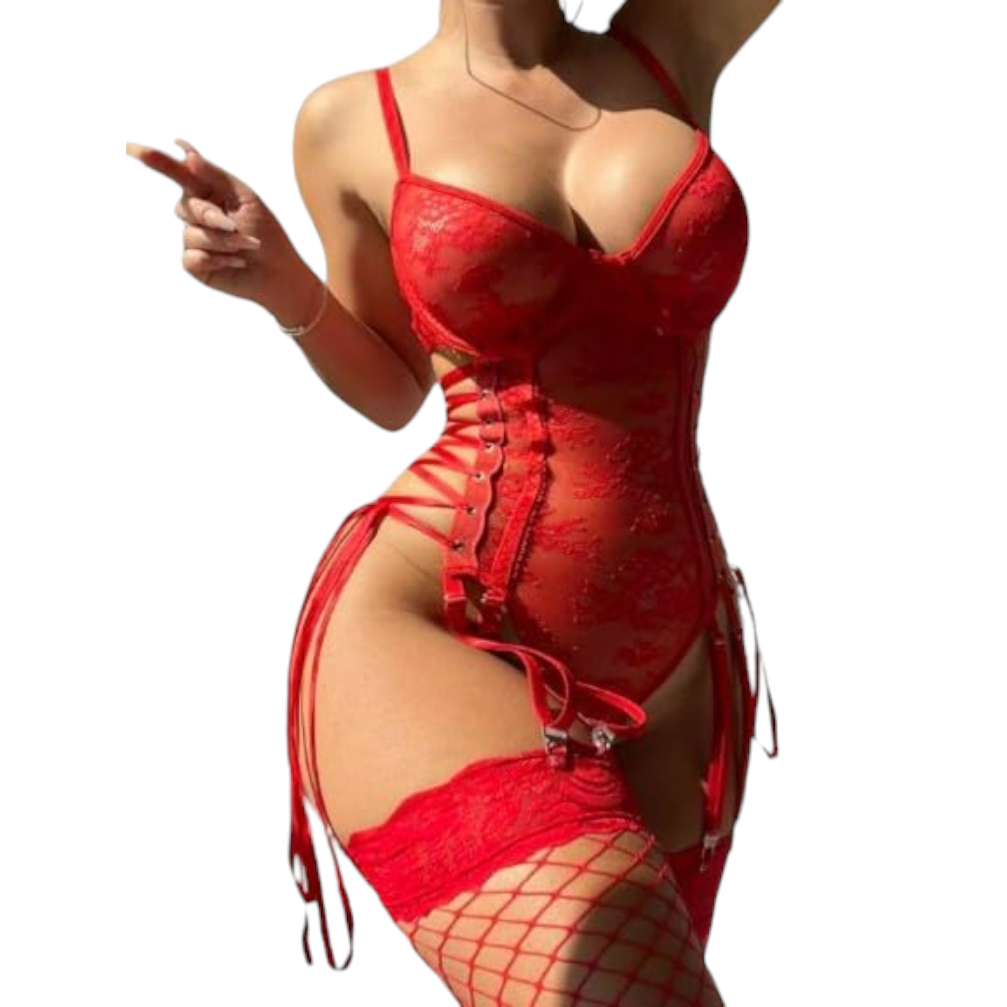 RED lingerie set with fishnet stockings. - PYJAMODA