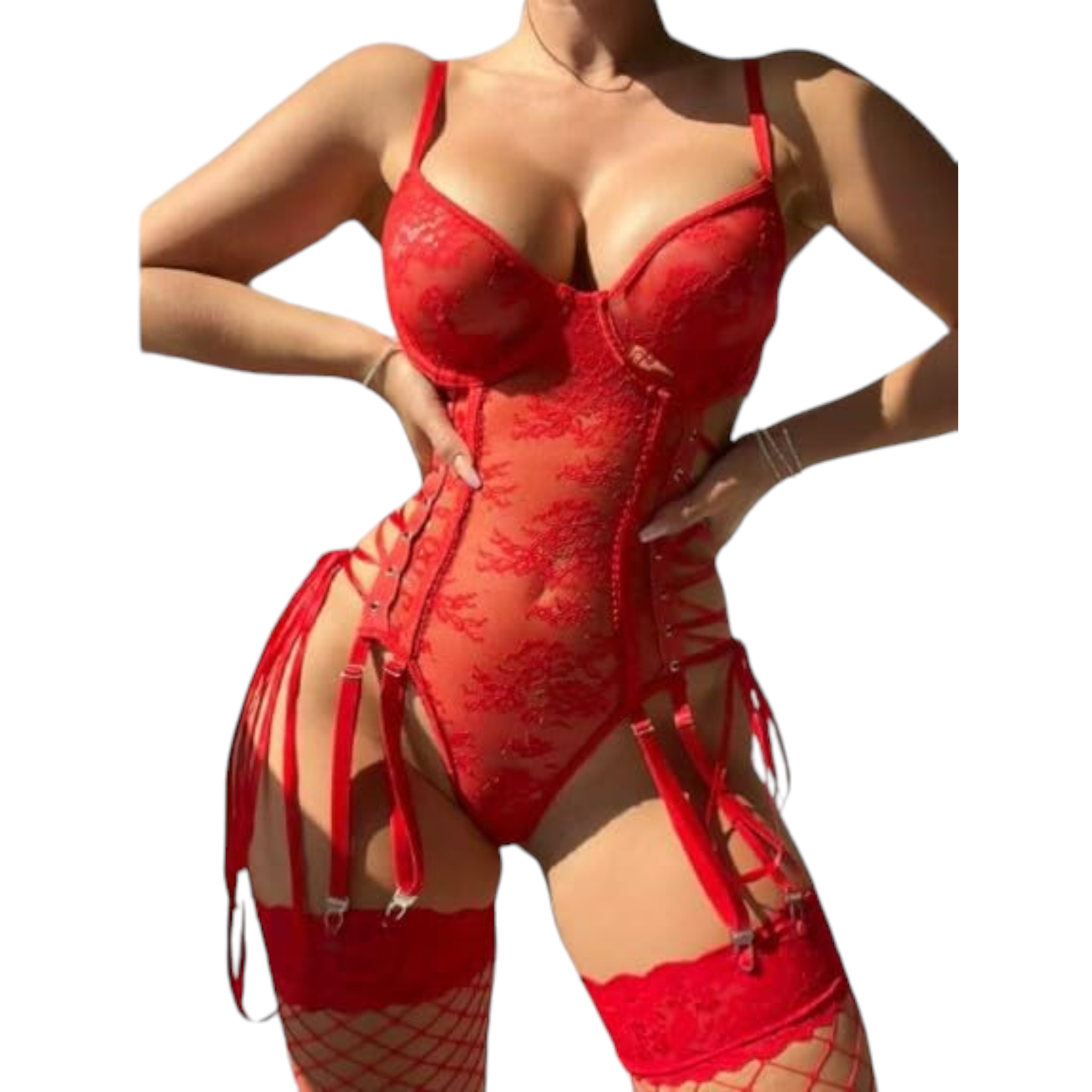 RED lingerie set with fishnet stockings. - PYJAMODA