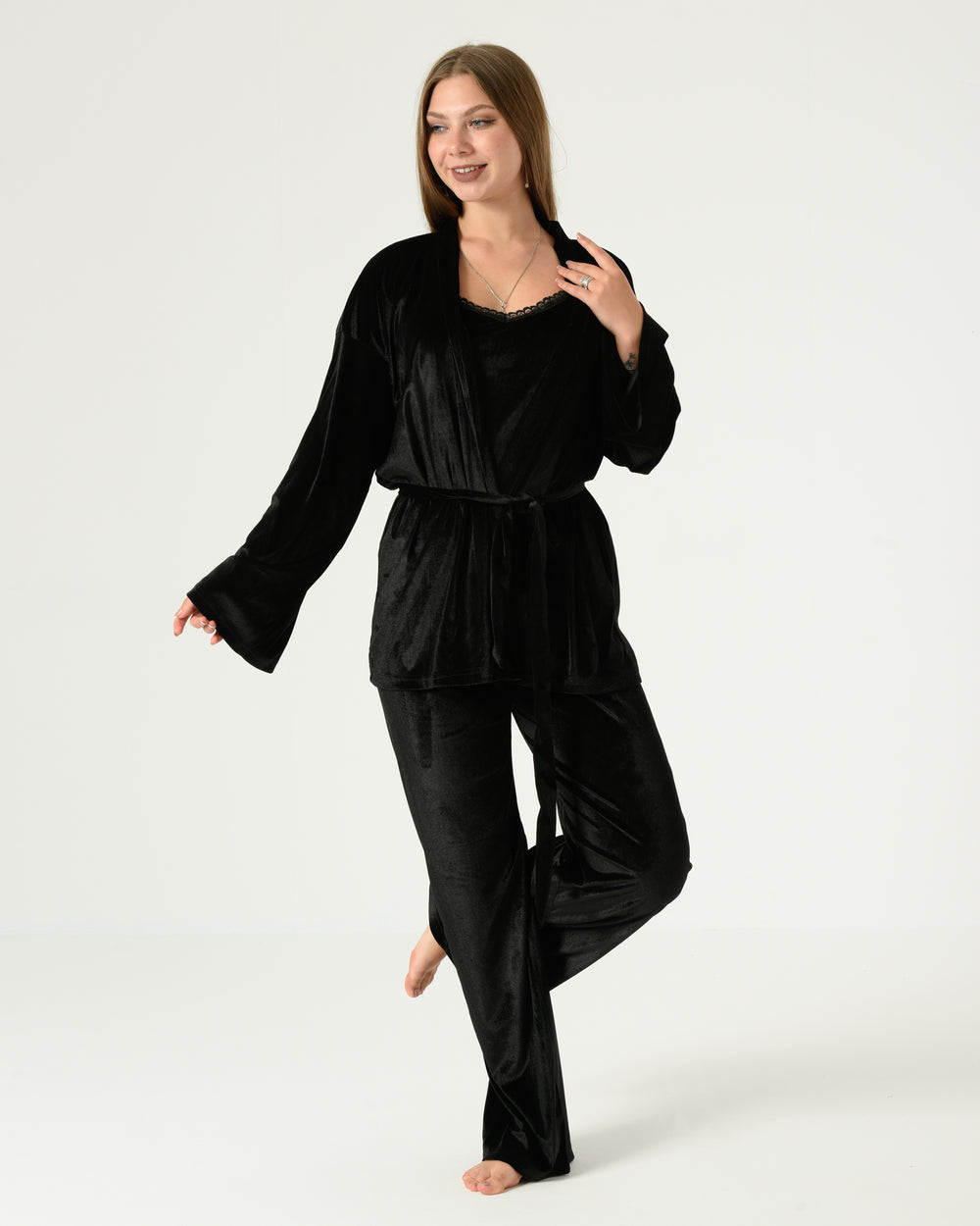 Luxury Velvet 3-Pieces Pajama Set – Black
