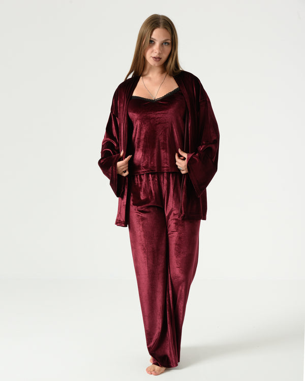 Luxury Velvet 3-Pieces Pajama Set – Maroon