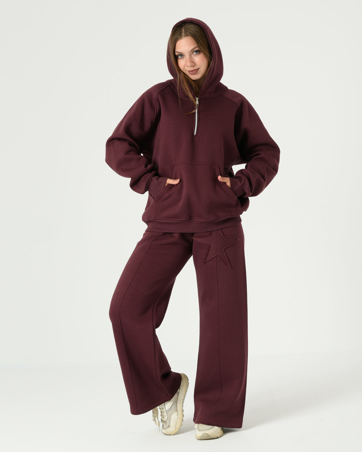 Women's Premium Milton Lined Tracksuit – Star Embroidery Design (Burgundy)