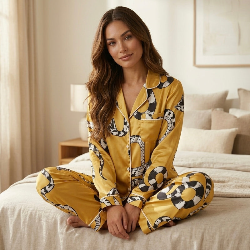 بيجامة ستان كلاسيك مطبوعة بلمسة ذهبية | PYJAMODA