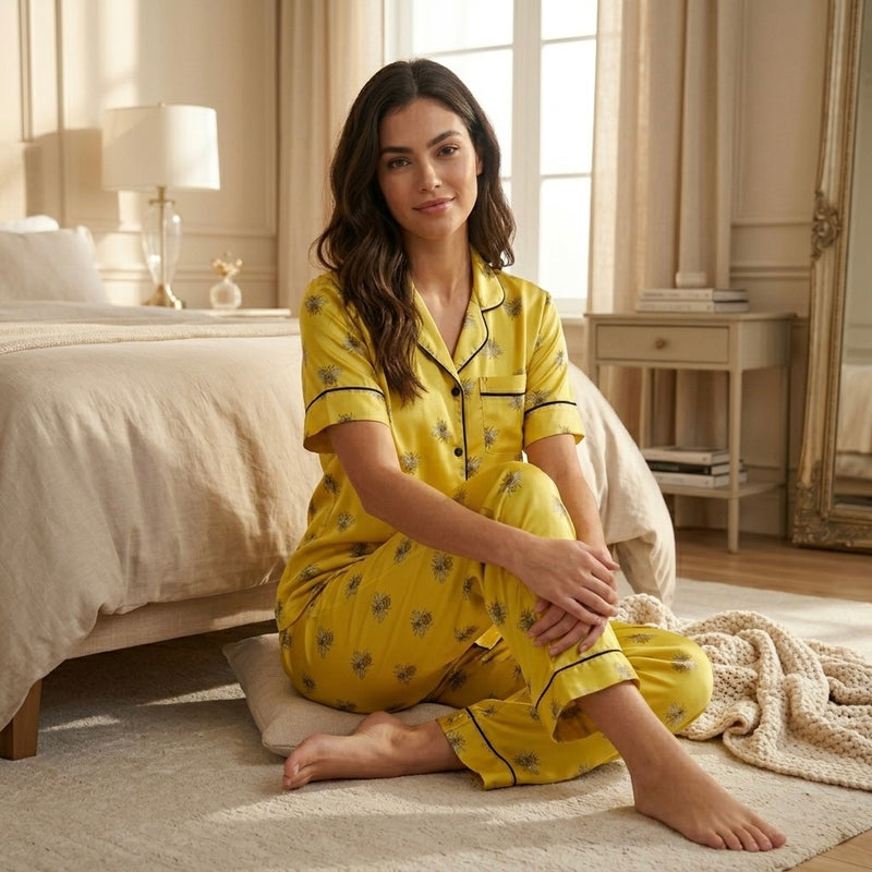 Woman in yellow pajamas sitting on a bed in a bedroom.