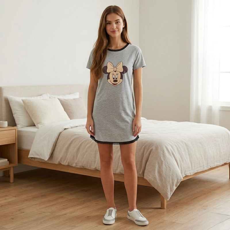 Women's cotton night shirt short sleeve printed sleepwear full body in bedroom