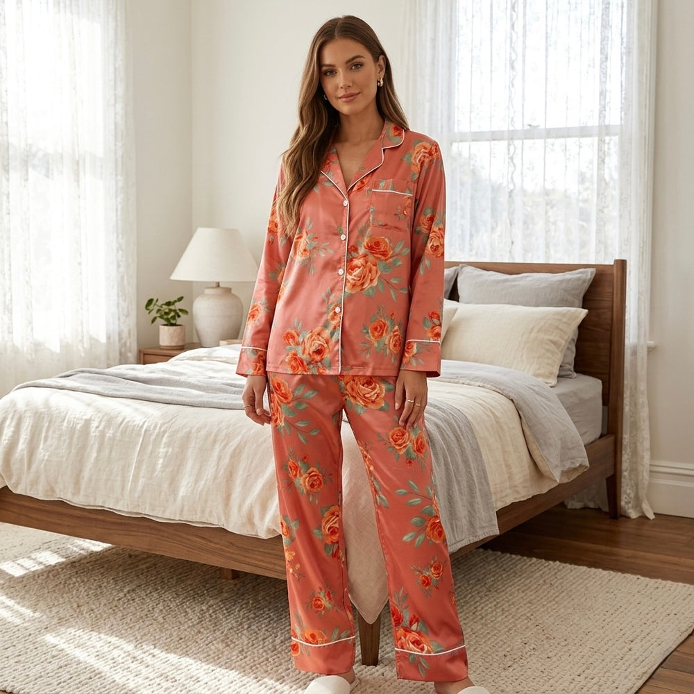 بيجامة حريمي ستان مطبوع بنقشة ورد – موديل واقف يظهر التصميم الكامل الأمامي داخل غرفة نوم بإضاءة طبيعية