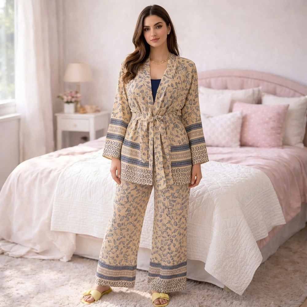 بيجامه 3 قطع حريمي فيسكوز مع روب بحزام – صورة أمامية كاملة توضح اللوك النهائي