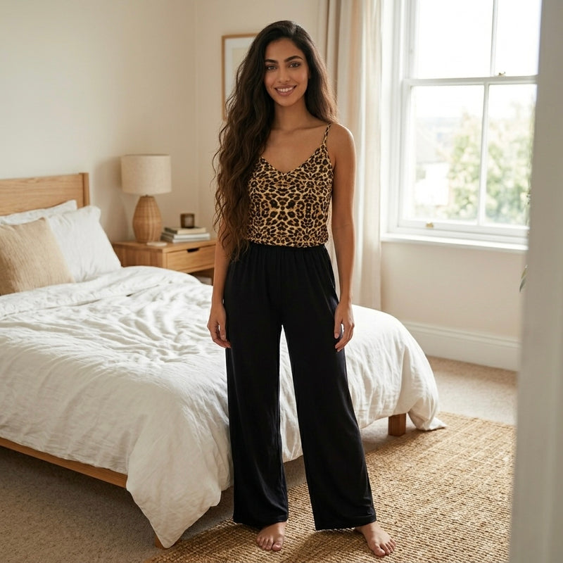موديل ترتدى بيجامة قطن حمالات بطبعة تايجر مع بنطلون أسود واسع تقف داخل غرفة نوم بإضاءة طبيعية