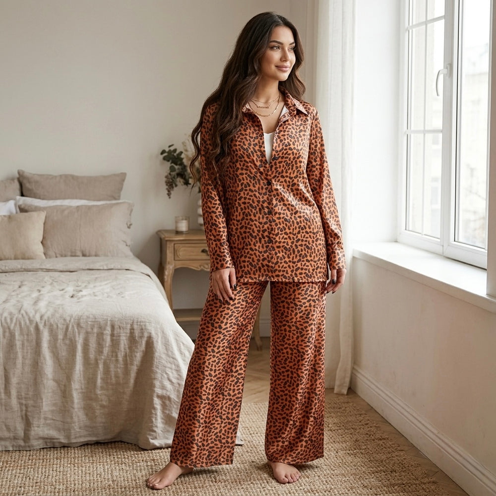موديل ترتدى بيجامة ستان تايجر واقفة داخل غرفة نوم بإضاءة طبيعية مع بنطلون واسع وقميص بأزرار
