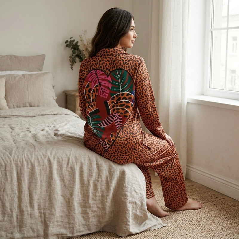 صورة من الخلف لبيجامة ستان بطبعة تايجر مع قلب كبير مطبوع على ظهر القميص بالكامل