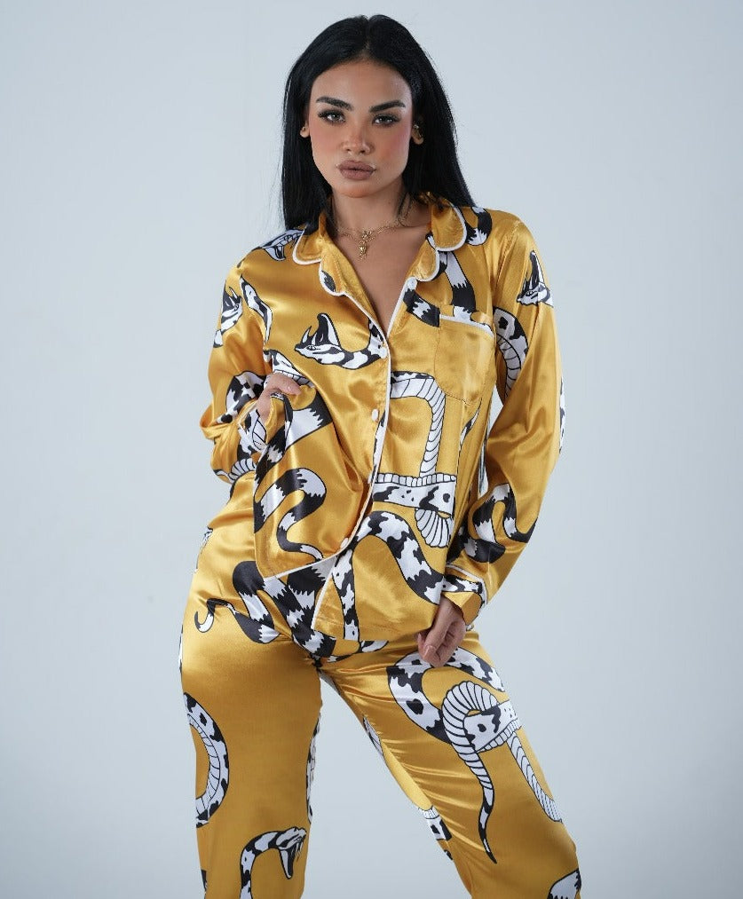 Lila Seduction Snake-print Gold Satin Pajama
