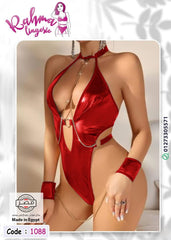 Red Faux Leather Chain Cut-Out Lingerie Set – Code 1088