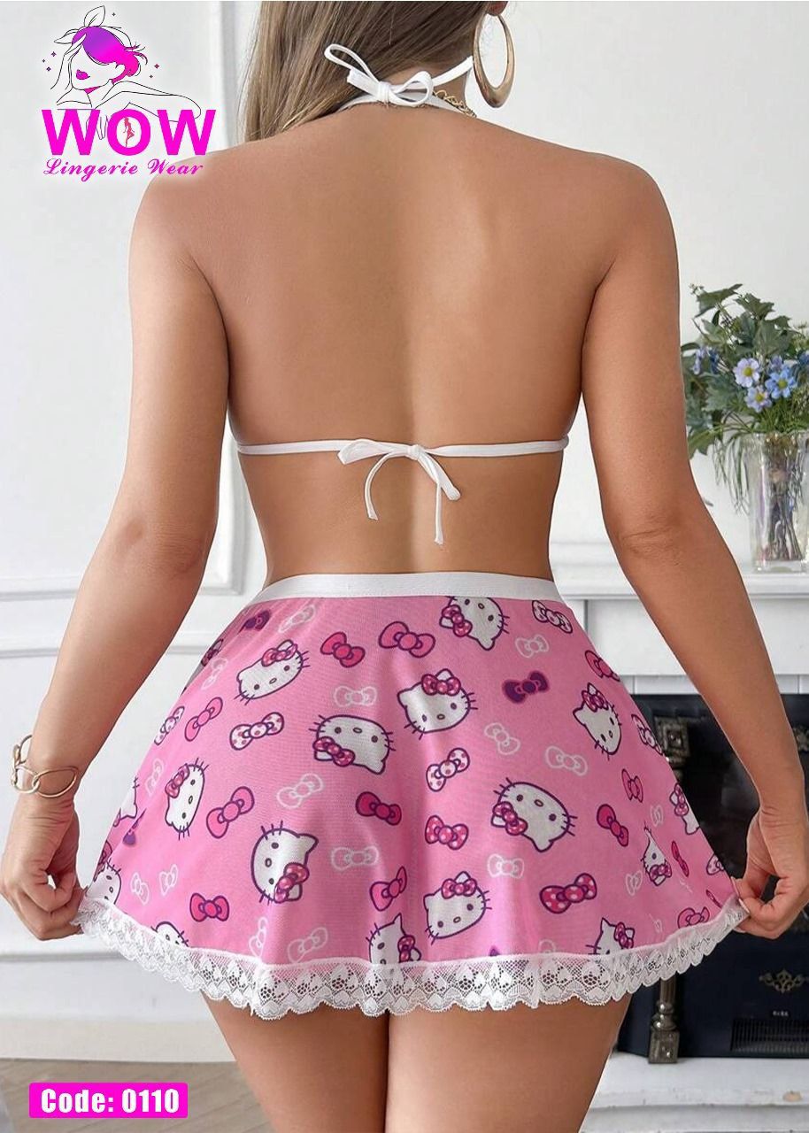Cute Pink Kitty Lingerie Set with Skirt – Code 0110