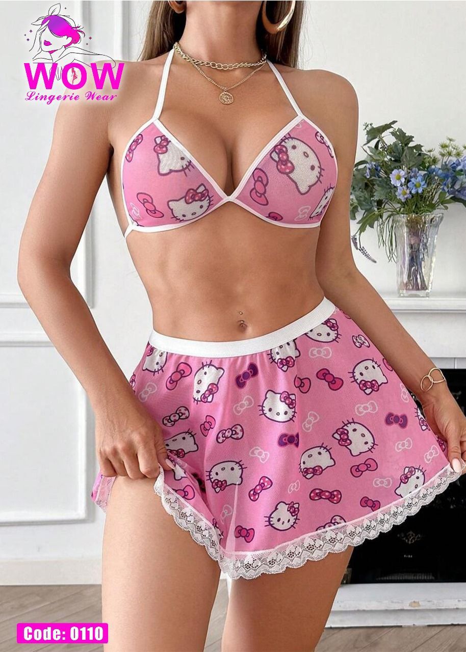 Cute Pink Kitty Lingerie Set with Skirt – Code 0110