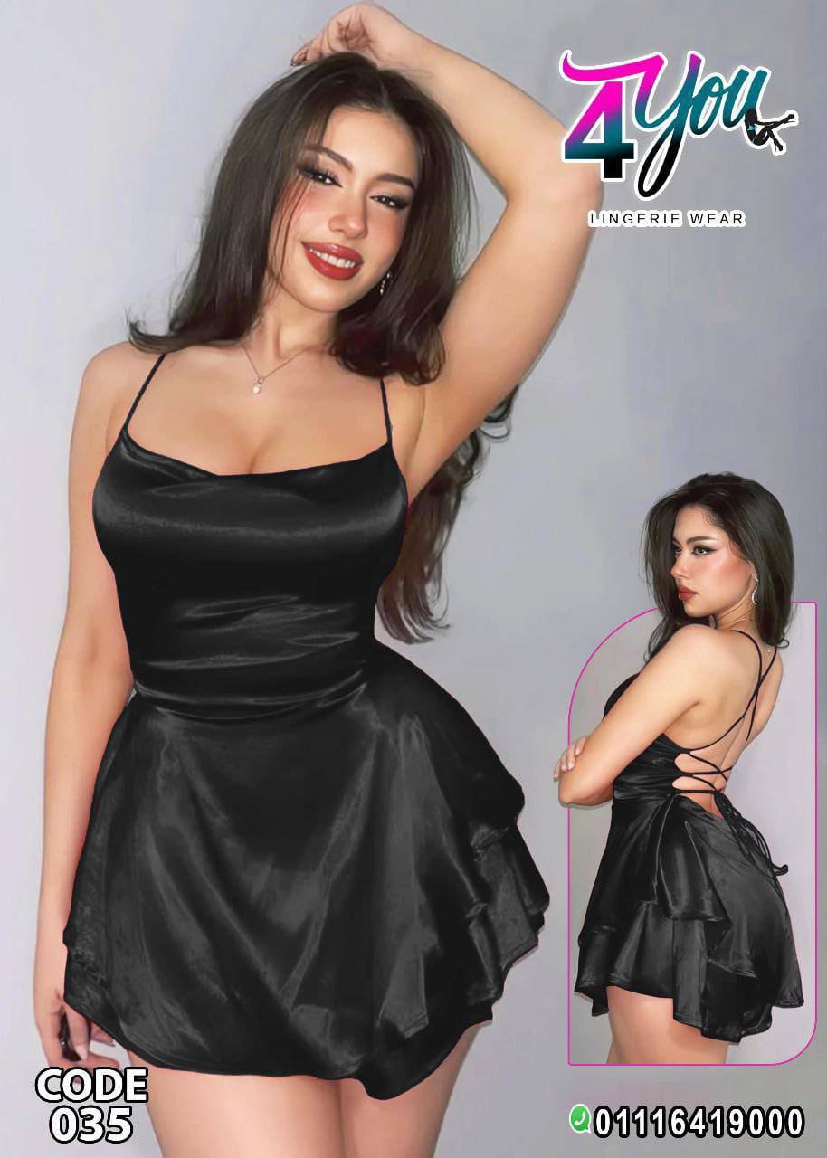 Black Satin Short Night Dress with Open Back – Code 035