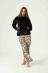 Black Hoodie & Leopard Print Pants – Velvet Winter Pajama Set