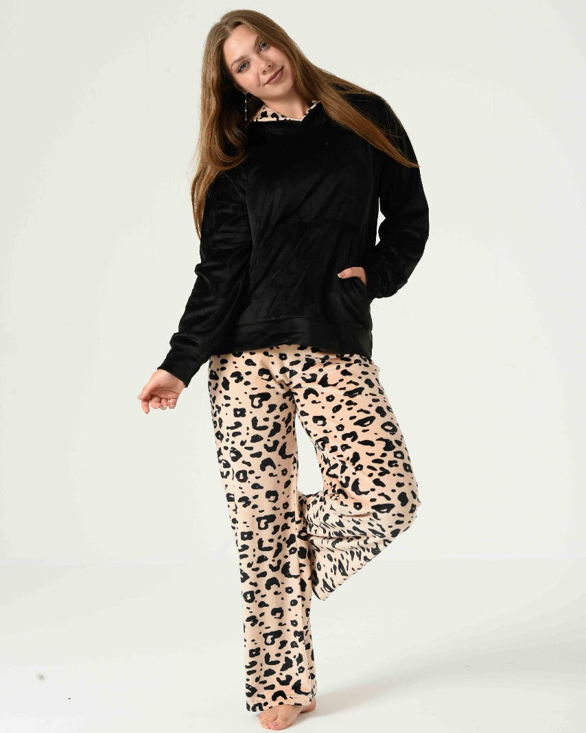 Black Hoodie & Leopard Print Pants – Velvet Winter Pajama Set