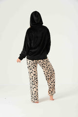 Black Hoodie & Leopard Print Pants – Velvet Winter Pajama Set