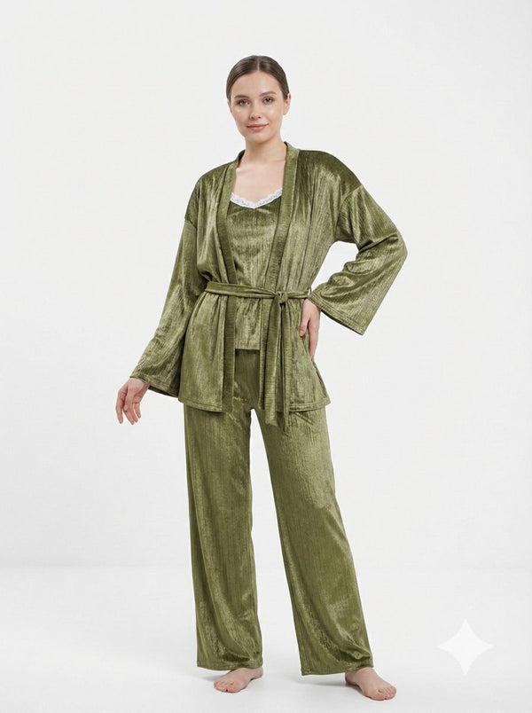 Crinkle Velvet 3-Pieces Pajama Set – Luxe Olive Edition