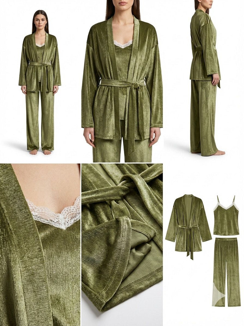 Crinkle Velvet 3-Pieces Pajama Set – Luxe Olive Edition