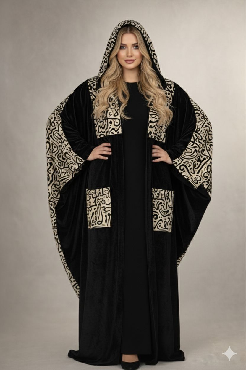 Premium Velvet Calligraphy Hooded Kaftan – Elegant Black Abaya