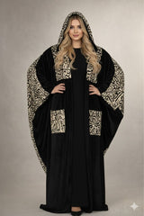 Premium Velvet Calligraphy Hooded Kaftan – Elegant Black Abaya