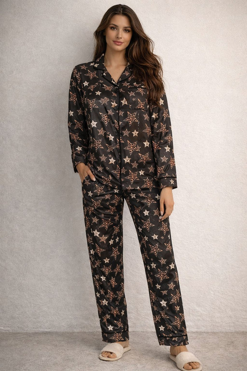 Classic Autumn Cotton Lycra Button-Up Pajama Set – Long Sleeve Star Print