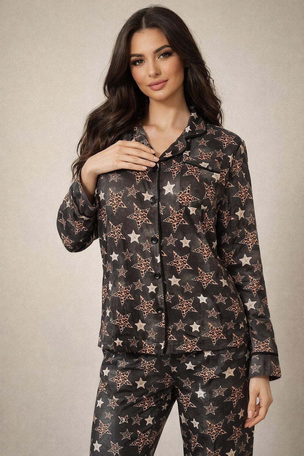 Classic Autumn Cotton Lycra Button-Up Pajama Set – Long Sleeve Star Print