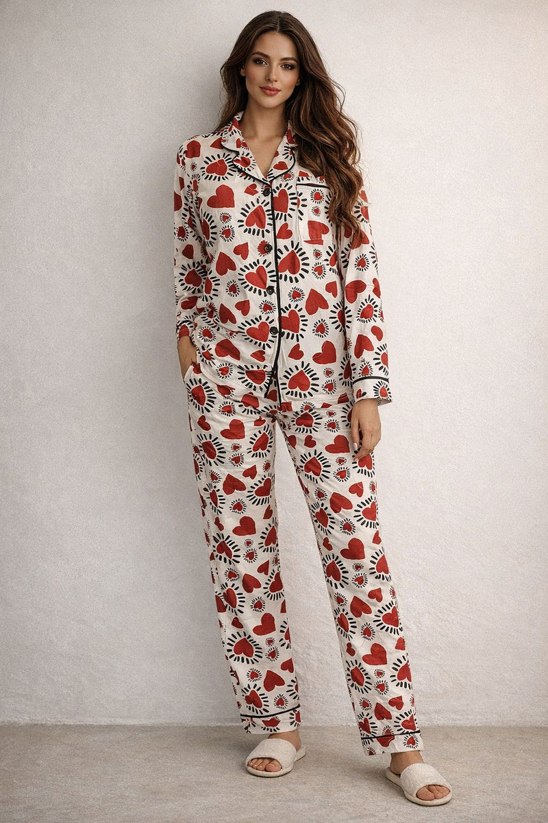 Classic Autumn Cotton Lycra Button-Up Pajama Set – Heart Print