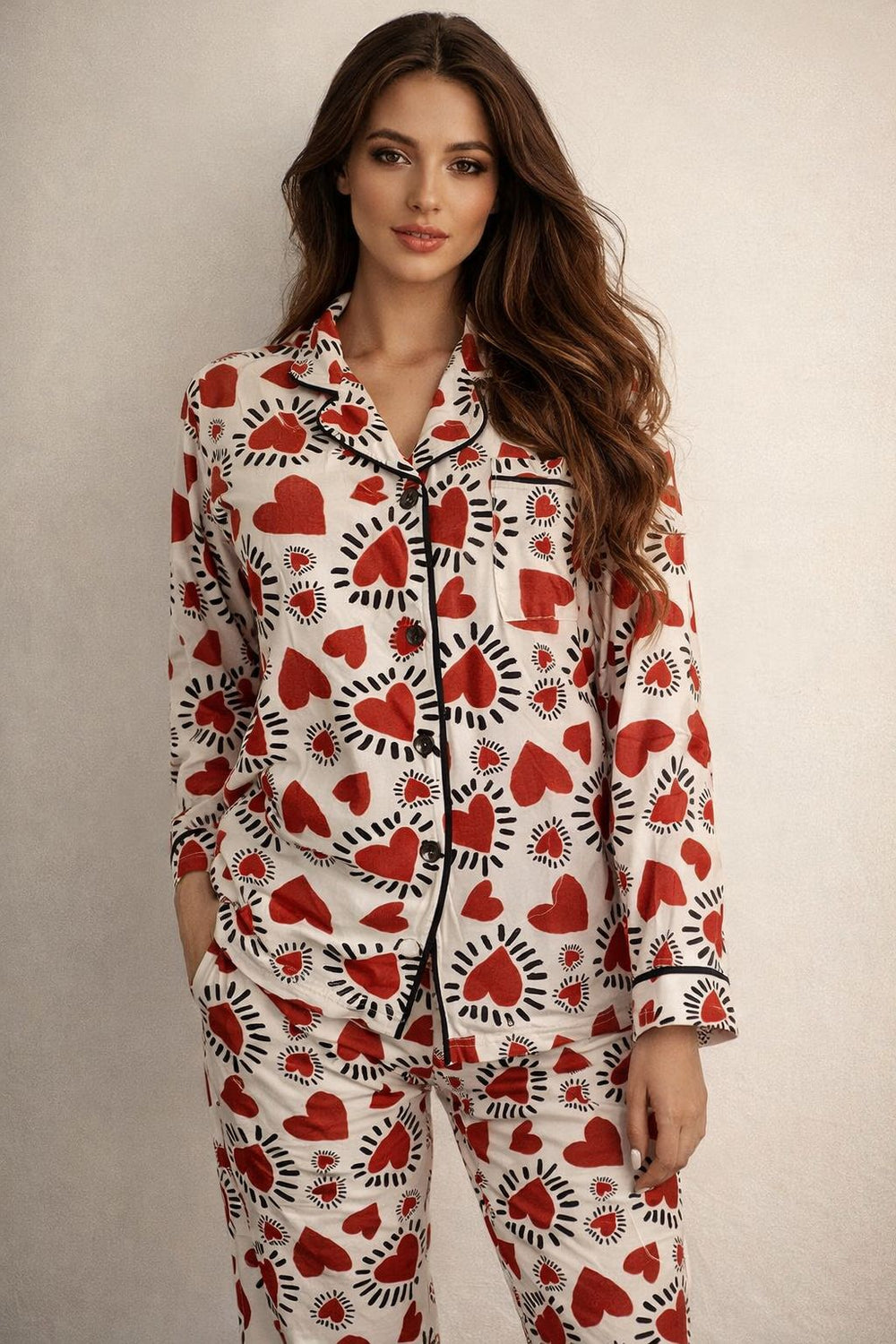 Classic Autumn Cotton Lycra Button-Up Pajama Set – Heart Print
