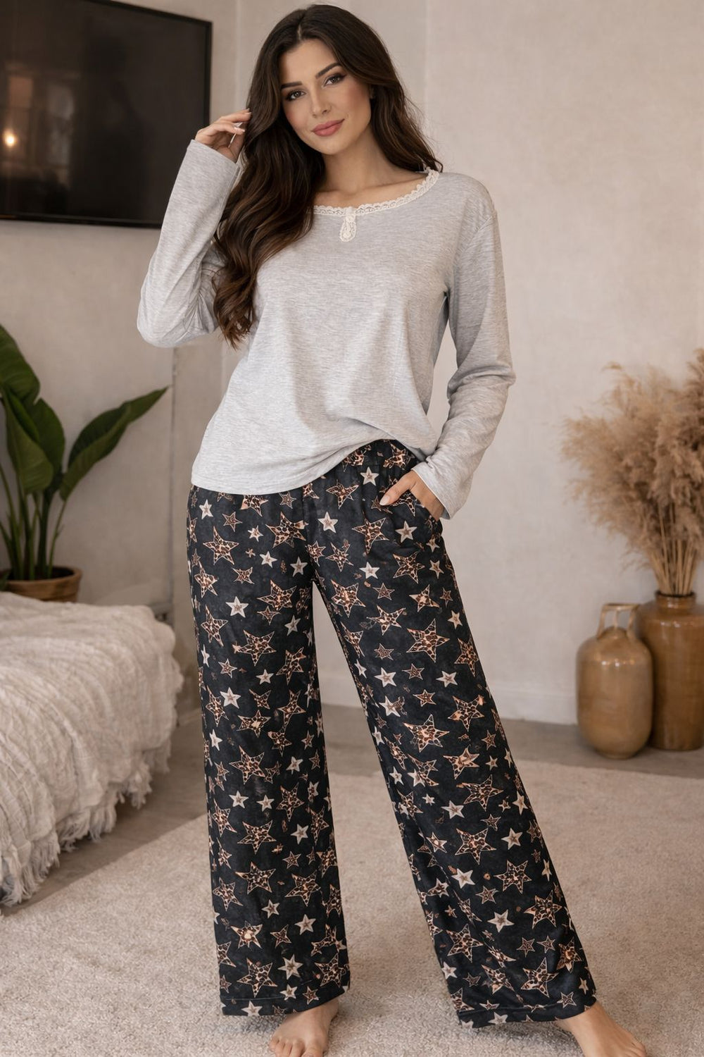 Autumn Cotton Lycra Long Sleeve Pajama Set – Grey Top & Star Print Pants