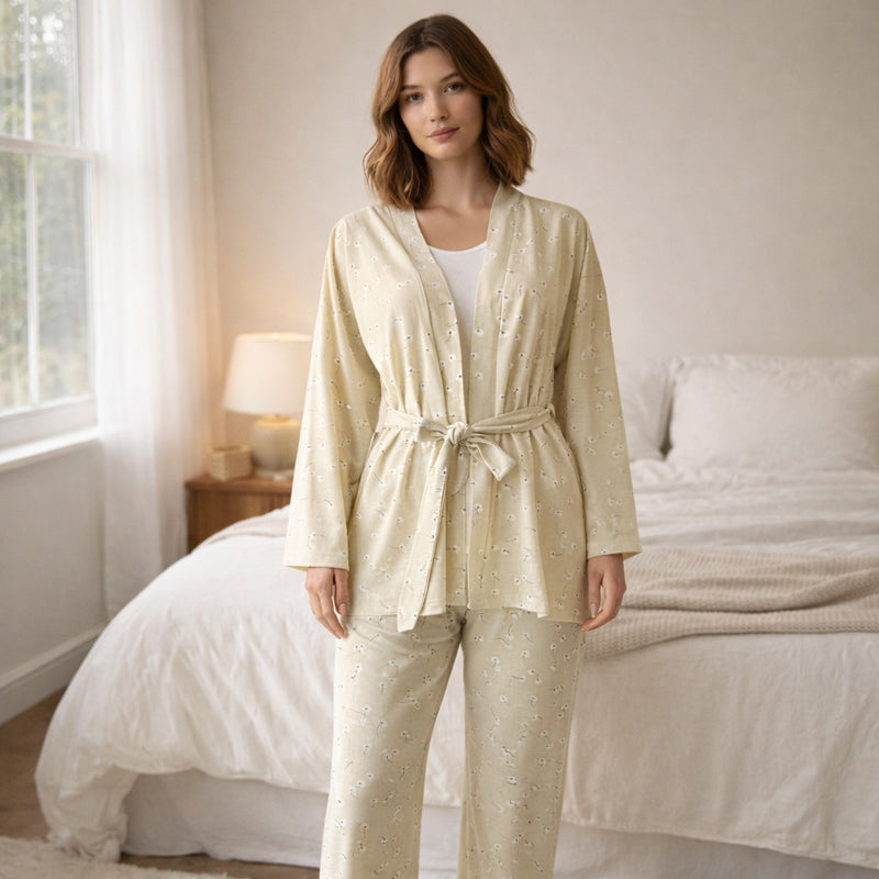 Cotton Single Lycra Pajama Set (Top, Robe & Pants)