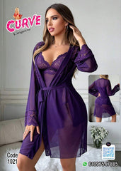 Purple Lace Sheer Lingerie Set with Robe – Code 1021