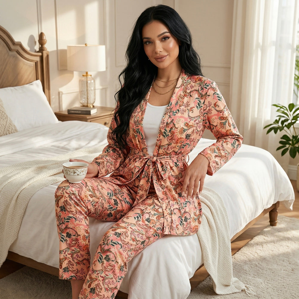 Women's cotton 3-piece pajama set robe top and pants sitting on bed
