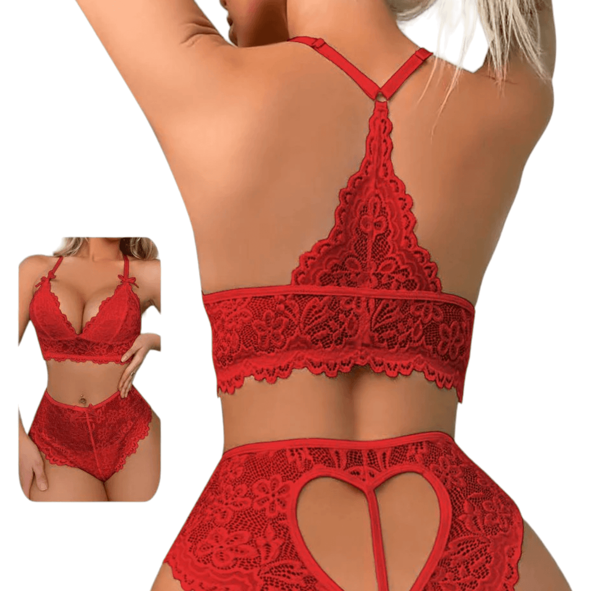 Two-Piece Red Lingerie Made Of Lace With An Heart At The Back - PYJAMODA