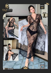 Elegant Long Black Lace Robe – Model 684